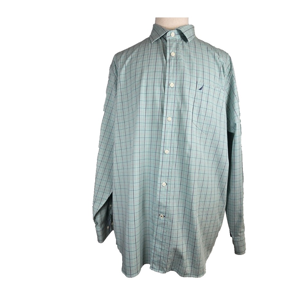 Nautica Mens Shirt XXL Sage Green Plaid Button Down Long Sleeve Preppy Hipster